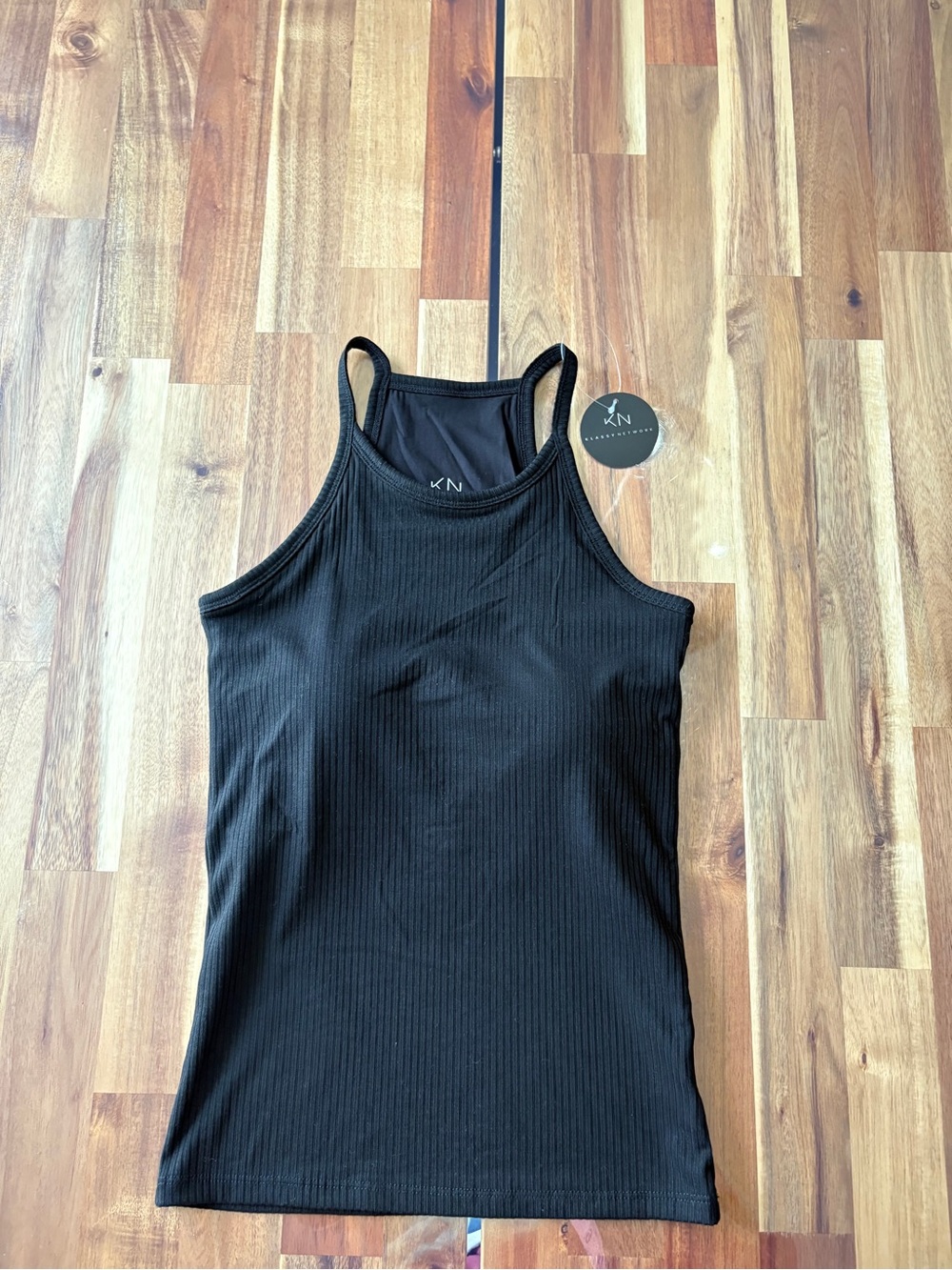NWT Klassy Network Sz XS Black Racerback Tank Top Built In Bra Cami Athleisure